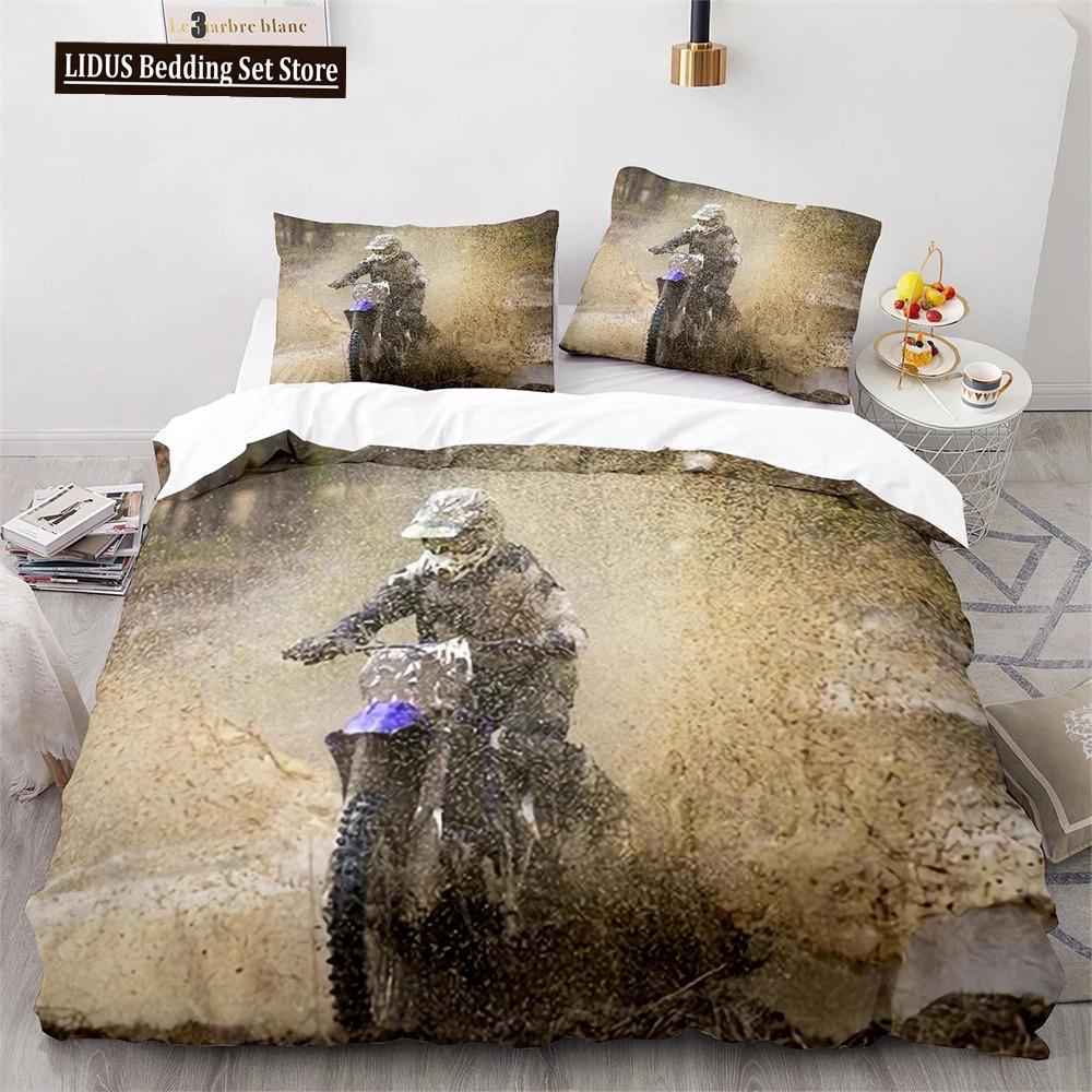 Dirt Bike Duvet Cover Set Motocross Rider Comforter Cover Motorcycle Extreme Sport Game Polyester Bedding Set For Kid Boys Teens