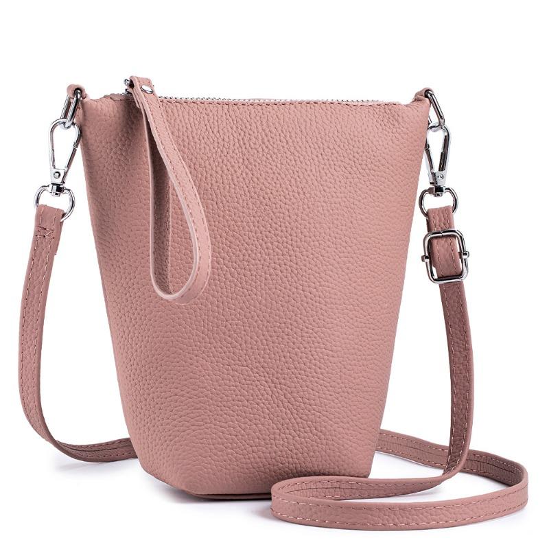 Leather Fashion Simple Single Shoulder Crossbody Bag Head Layer Cowhide Casual Mobile Phone Bag Female Mini Bucket Bag Texture Female Bag