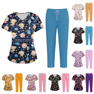 Плюс размерСкраб с принтом Рабочая форма Топы для женщин Крест V-образным вырезом Хэллоуин Принт с короткими рукавами Забавные футболки Спецодежда Футболка с карманами