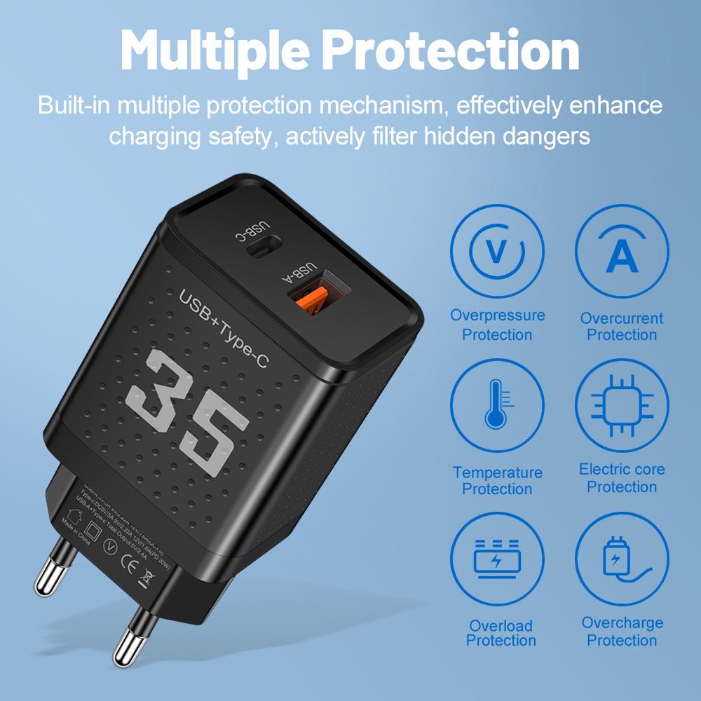 20-ваттное двойное PD+USB зарядное устройство 3A с вилками US/EU/UK