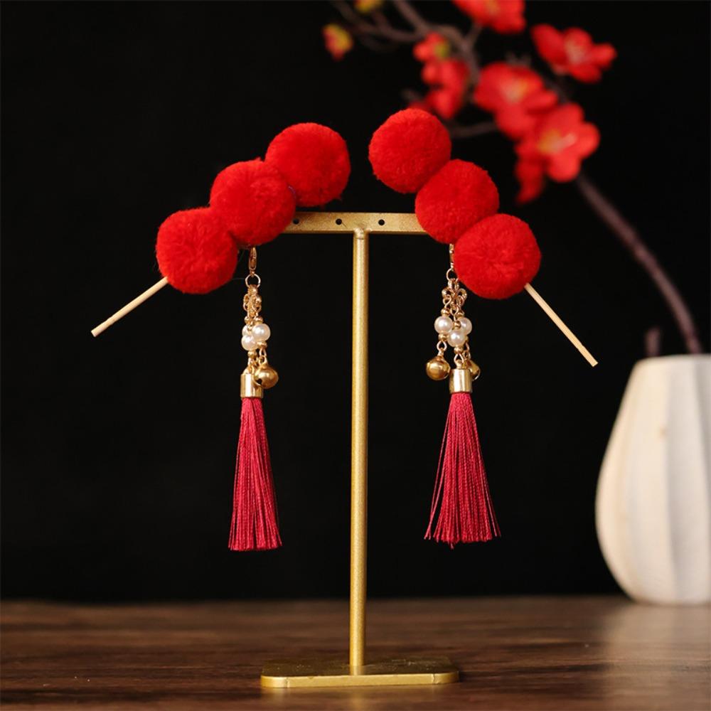 Red Chinese Style Ancient Hairpin Pearl Chinese New Year Side Clip Hanfu Hair Clip  Women