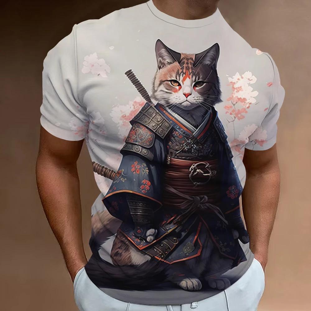 New Retro Men 2024 Fashion Oversized Men's Clothing Quick Drying T-shirt Top T-shirt 3d Samurai Cat Print Short Sleeve T-shirt