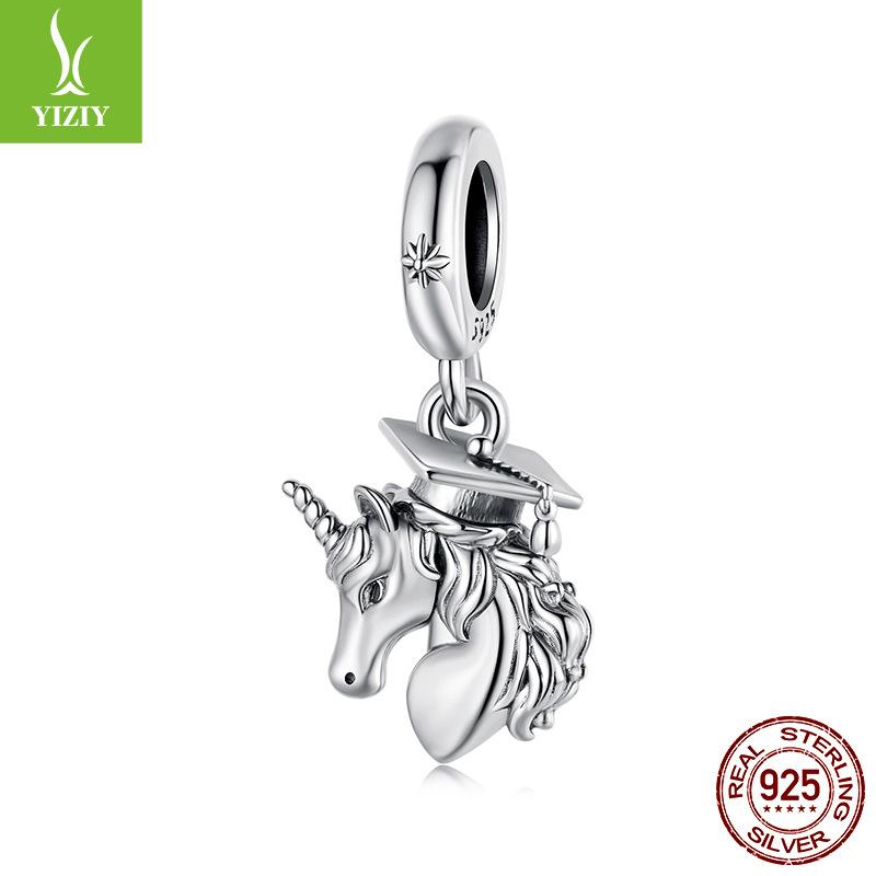 Graduation Season Unicorn Diy Pendant Accessories Creative Scholar Hat S925 Sterling Silver Beads