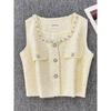 2025 Spring and Summer New Korean Style Heavy Industry Beads Round Neck Sleeveless Single-Breasted Graceful Versatile Temperament Vest Outerwear