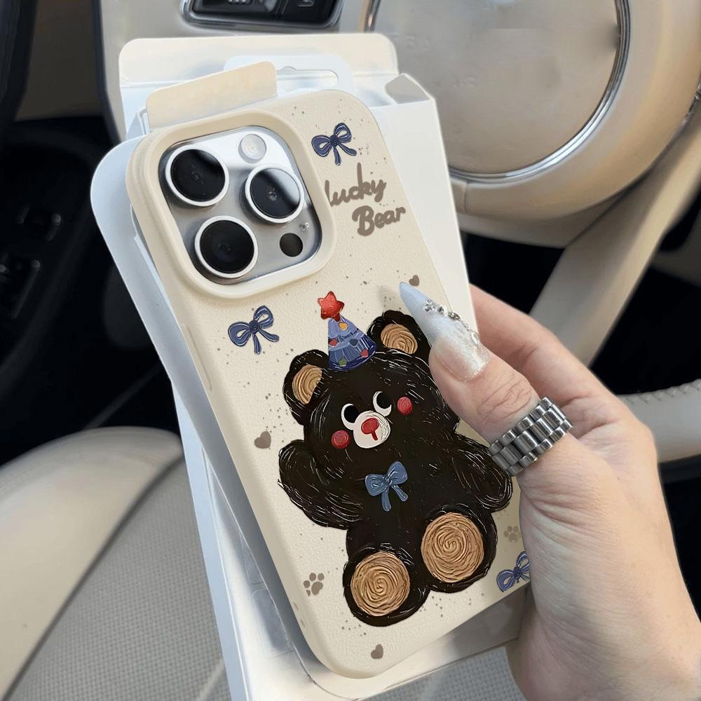 Чехол для телефона с милым медведем для iPhone 11, чехол для iPhone 15, 16 Pro, 13, 12, 14 Pro Max Plus, противоударный, карамельного цвета, бампер, кожа, мягкий чехол