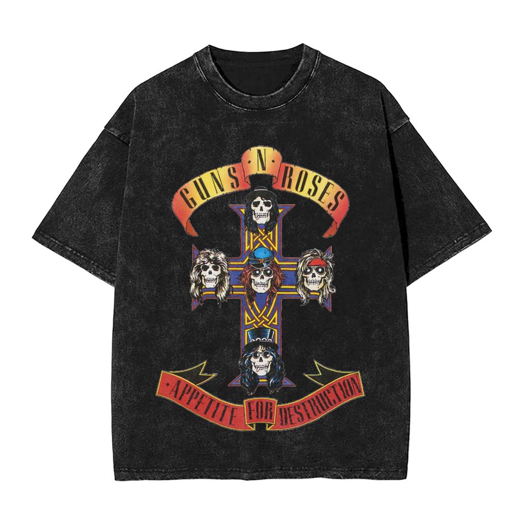 Guns N Roses Logo Washed T Shirts Streetwear Hip Hop Fashion T-Shirt Tees Men Women Short Sleeve Oversize Printed