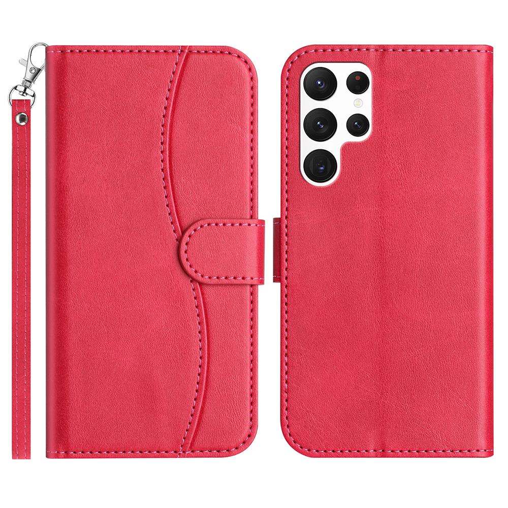 For Samsung Galaxy S24 Ultra Stand Case with Strap PU Leather Wallet Phone Cover S Shape Stitching Design