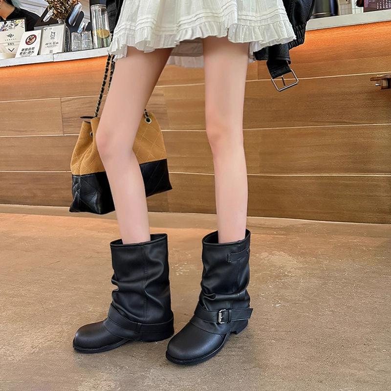 Western Jeans Tube Short Boots Women's 2025 New Autumn Thick Heel Pleated Pile Boots Retro British Martin Boots