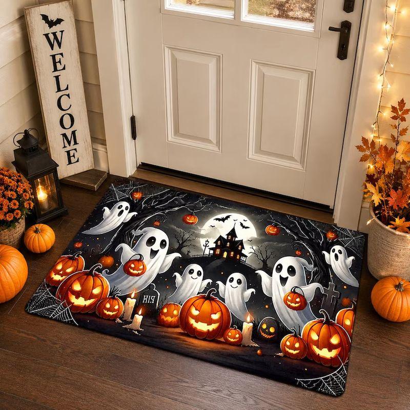Halloween Holiday Doormat Ghost Pumpkin Bat Night Scene Non‑Slip Floor Mat Indoor Outdoor Entrance Festival Home Decor
