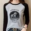 Horse Print Long-sleeved T-shirt, Casual Color Block Crew Neck Top for Spring and Autumn, Women's Clothing
