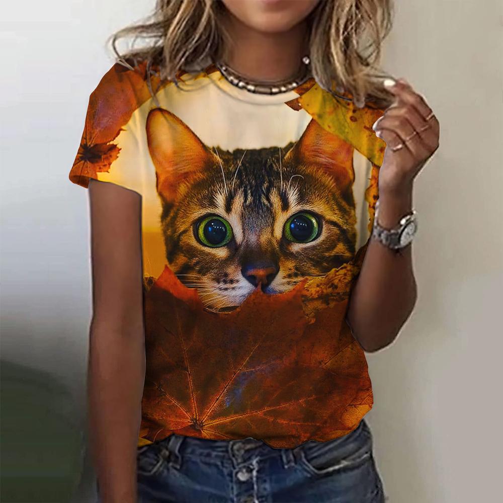 Summer Round Neck 3D Funny Cat Print Top Fashionable Casual Short Sleeved Women's T-shirts
