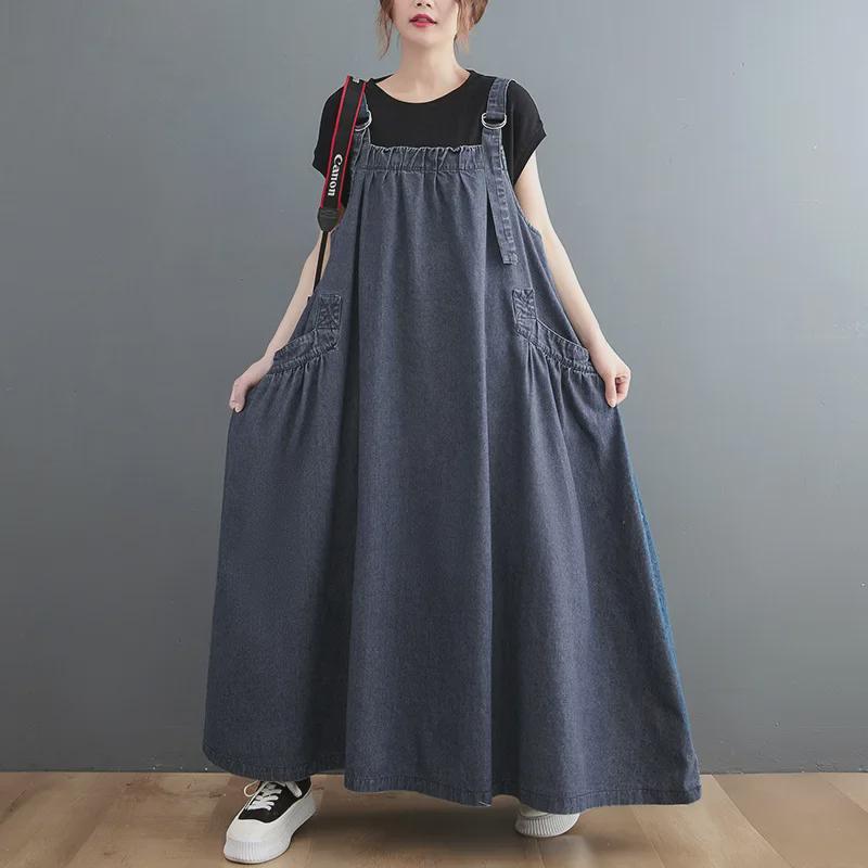 2024 Plus Size Women's Spring/Summer Denim Suspender Swing Dress