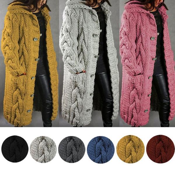 Women's Autumn Winter Long Sleeve Knitted Cardigan Coat Casual Streetwear Hooded Sweater Coat