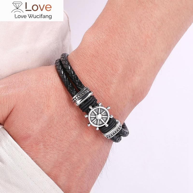 Genuine Leather Bracelet For Men Punk Braided Rope Steel Magnetic Button Male Bracelet Jewelry Birthday Gift Bb1337