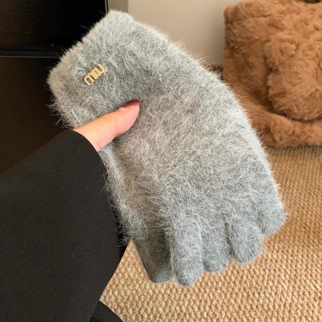 Мягкие Восковые Кроличьи Меховые Серые Вязаные Шерстяные Пятипалые Утепленные Теплые Перчатки для Женской Зимней Велосипедной Езды Холодо- и Ветрозащитные Пушистые