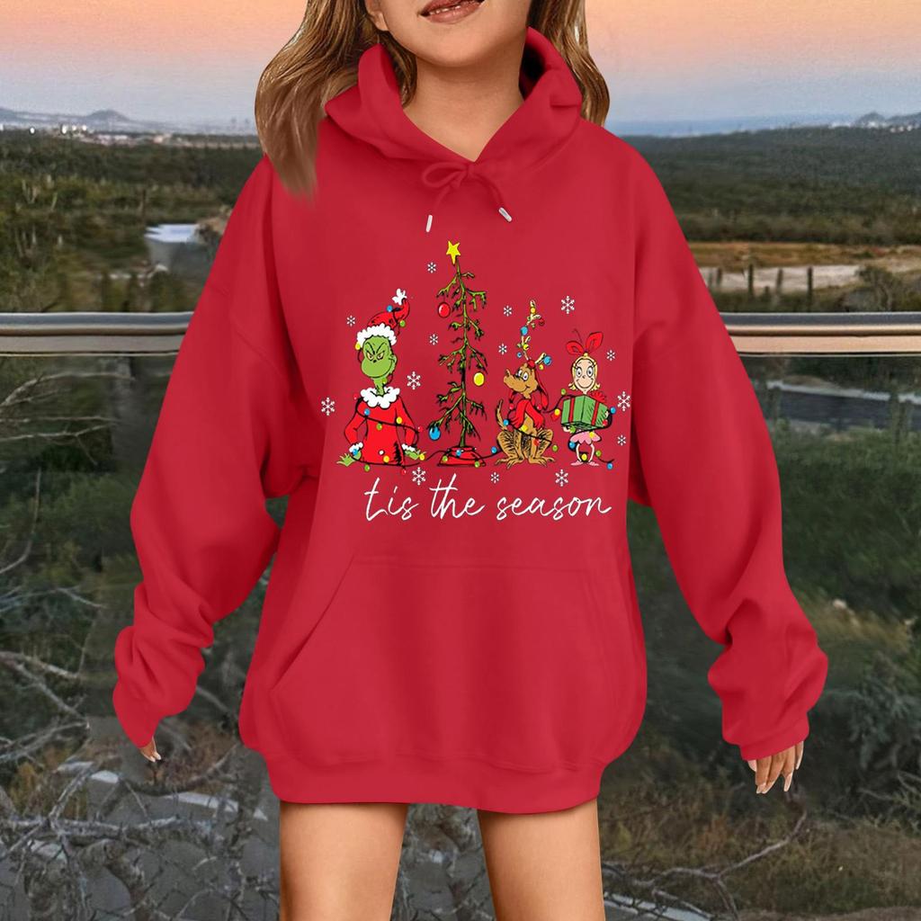 Детская модная повседневная толстовка с капюшоном свободного кроя с длинными рукавами и рождественским принтом