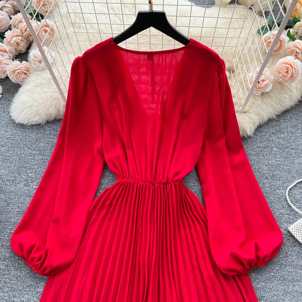 Autumn Women Vintage Pleated Midi Dress Elegant V-Neck Puff Long Sleeve High Waist A-Line Red Green Dresses