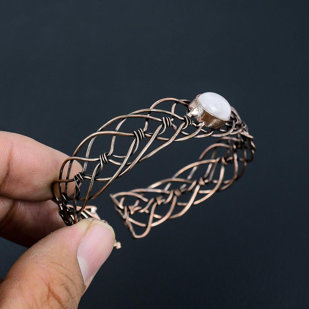 Радужный лунный камень, драгоценный камень, медная проволока, ювелирные изделия ручной работы, регулируемый браслет для женщин