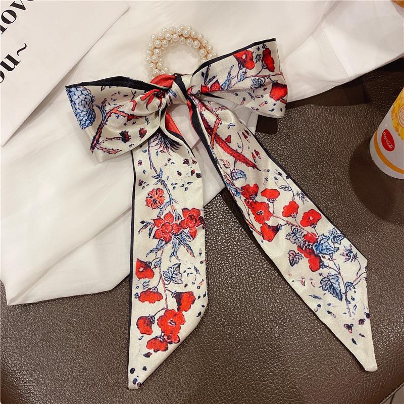 Винтажная шелковая резинка для волос с отделкой жемчугом и различными узорами для женщин