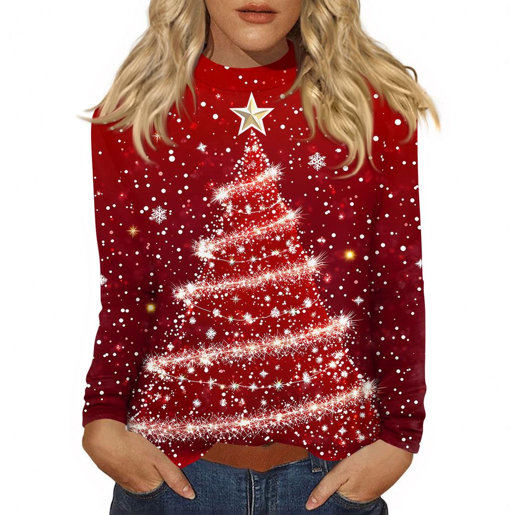 Women Fall Casual Long Sleeve Shirts Sweatshirt Vintage Printed High Neck Top Pullover