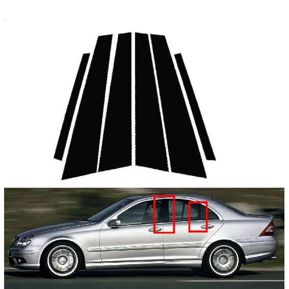 6 шт. глянцевых черных стоек, подходящих для Mercedes-Benz C-Class (W203) 2001-2007 Декоративная наклейка-чехол на оконную планку двери