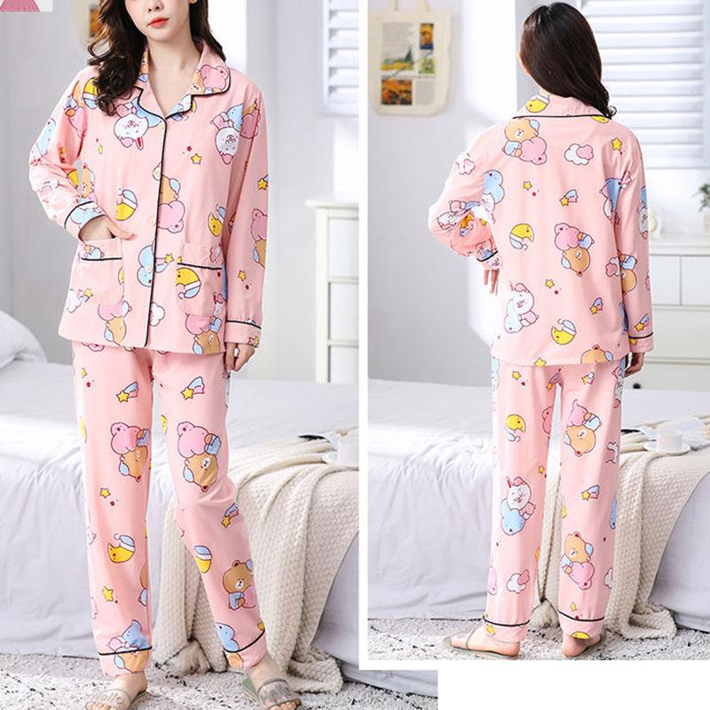 Весенне-осенне-летний хлопковый пижамный костюм для женщин и девочек с милым принтом и большим размером, тонкий домашний костюм с длинными рукавами