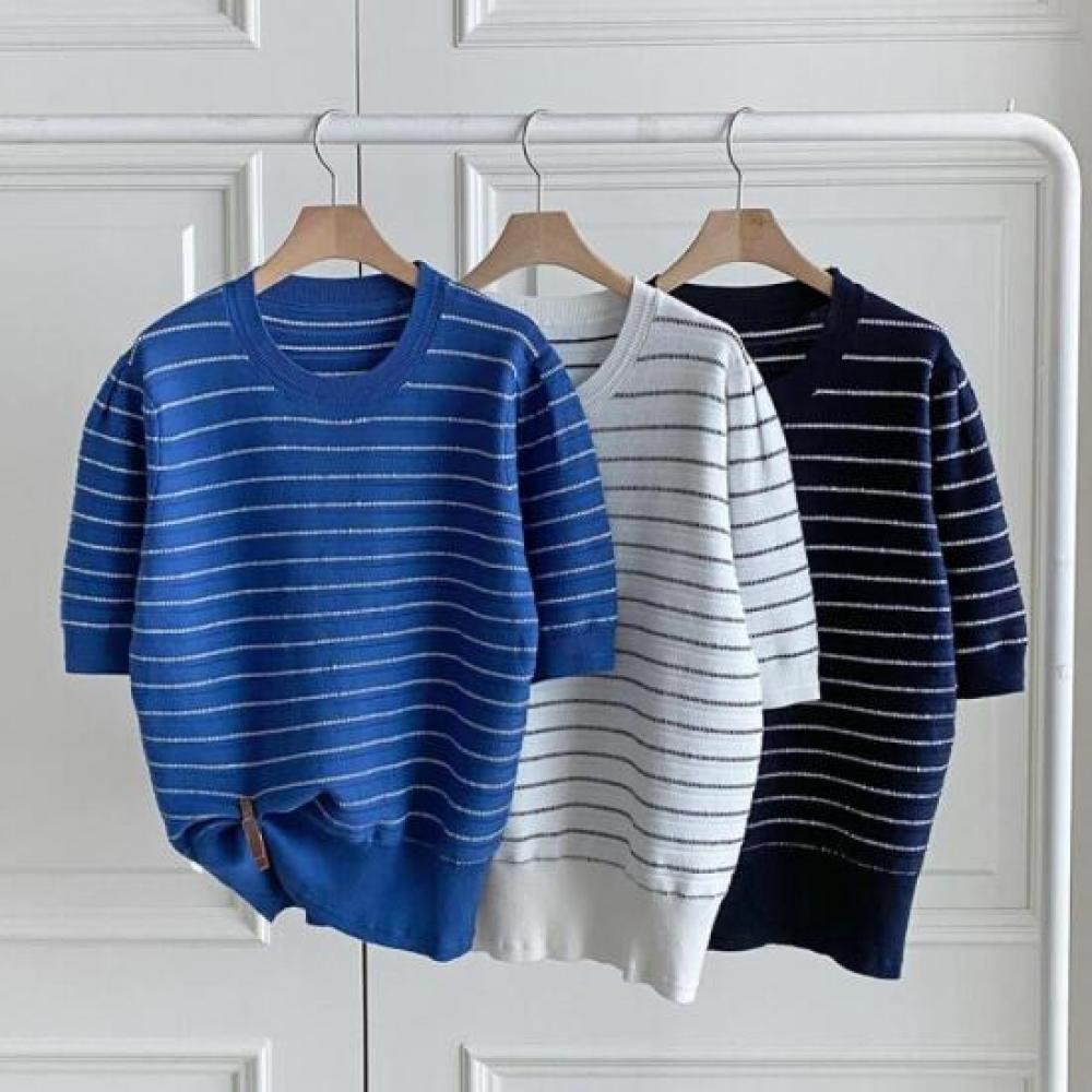 New Arrivals Open Run Round Neck STripe KniT Rayon ShorT Sleeve T shirT