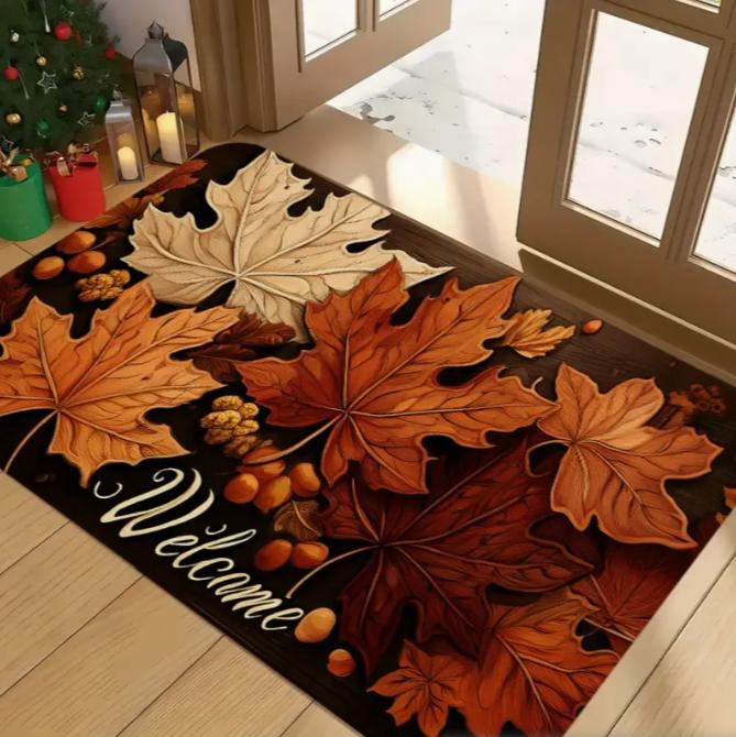 Осенний кленовый лист Приветственный коврик Оранжево-коричневый Благодарность Приветственный коврик для двери Курсивный шрифт Коврик для входа Подходит для входной двери
