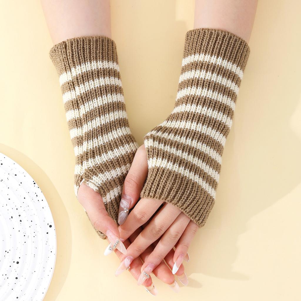 Color Blocked Thin Strip Gloves for Women Autumn and Winter Knitted Wool Sleeves Warm and Cold Proof Fashionable Fingerless Arm Sleeves