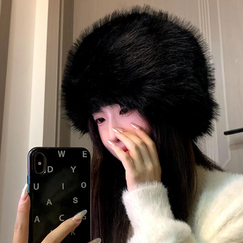High Sense Imitation Fur Mink Fluffy Bucket Hat Female Lady Wind Big Head Circumference Plush Hat Winter Warm Pullover Hat