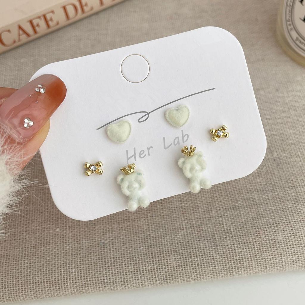 Милые серьги с короной, флокированные серьги с медведем, комплект серебряных игл, новые милые детские серьги с персиковым сердцем, универсальные серьги