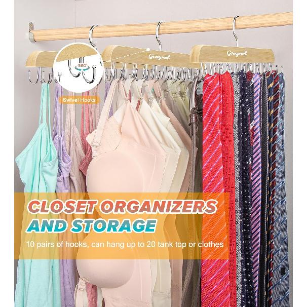 Bra Hanger for Closet, Tank Top Hangers 2 Pack w/20 Hooks Holds 40 Bras, Capacity Foldable Wood Space Saving Hanger, 360°Rotating Closet Organizers