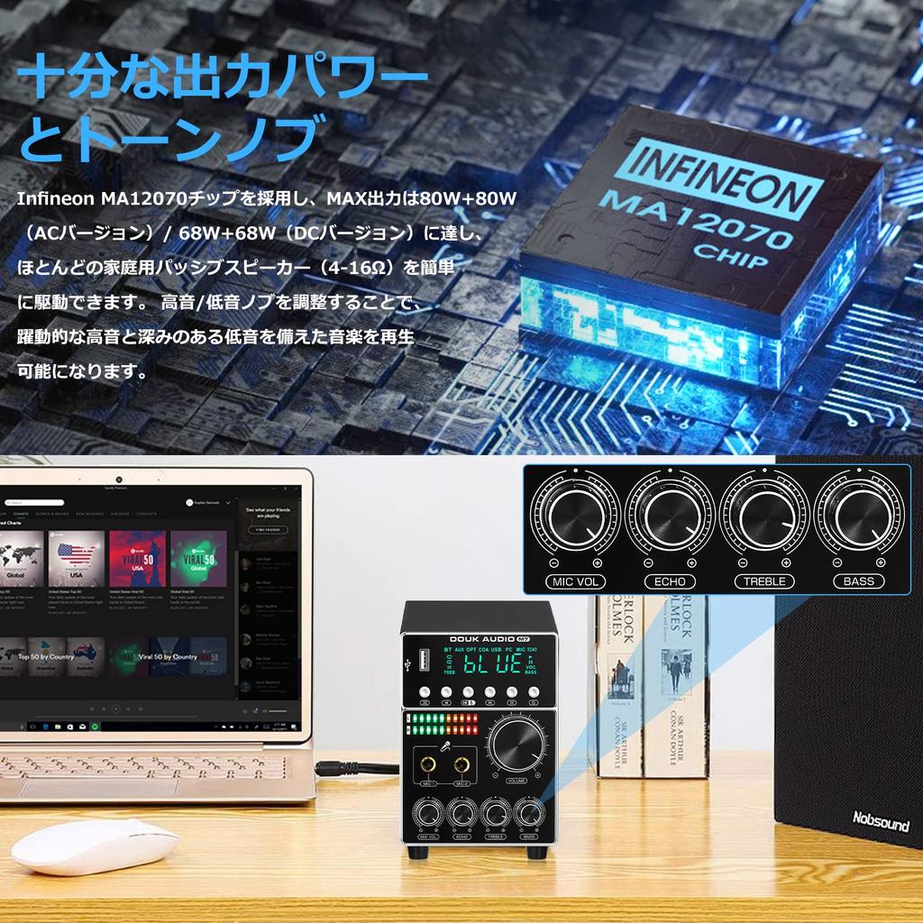 Nobsound M7 HiFi Bluetooth Digital Power Amplifier MIC Digital Audio Amplifier Karaoke USB Player 5.0 S/PDIF (DC INPUT)