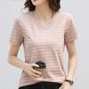 Летняя женская футболка с v-образным вырезом, полосатый топ с короткими рукавами