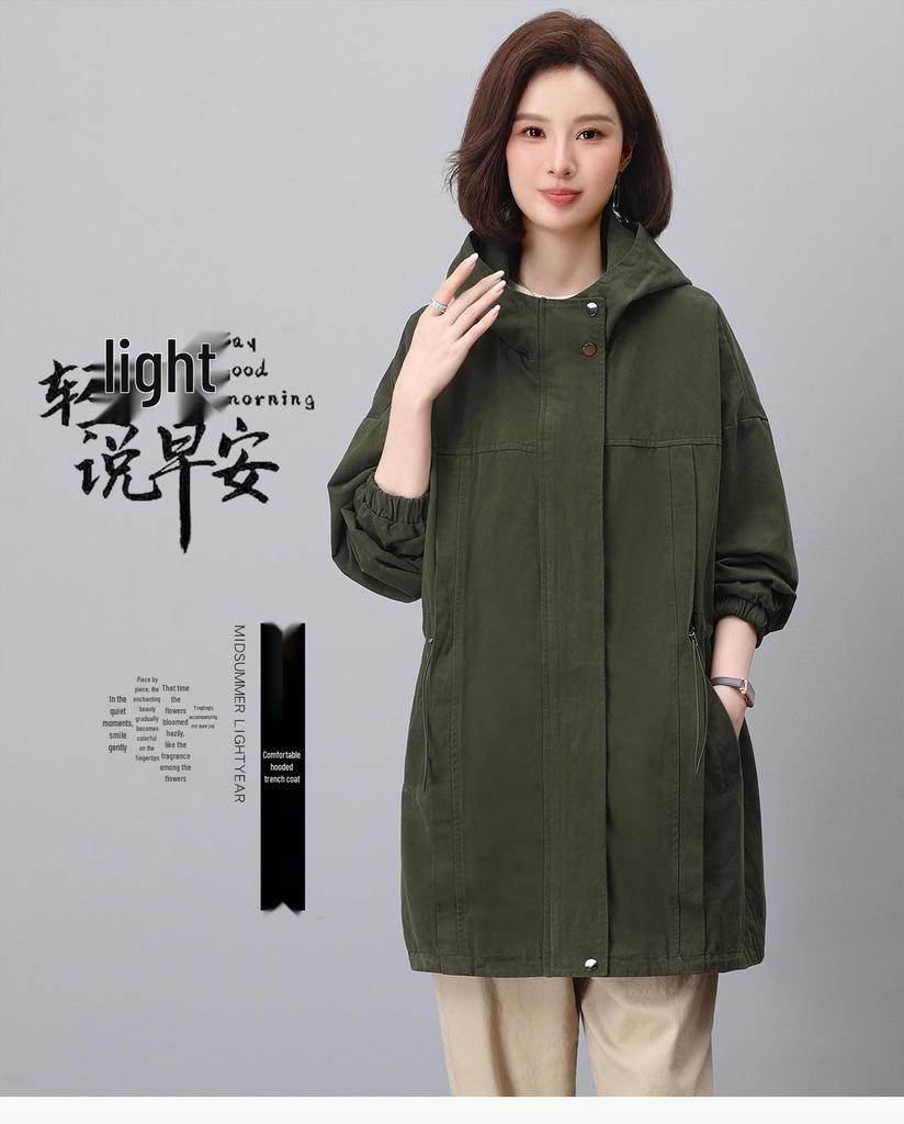 Women's Mid-Length Hooded Trench Coat, Spring/Autumn 2024: Pure Cotton, Long-Sleeve, Casual Workwear, Slimming Plus Size.
