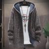 Men's Long-Sleeve Hooded Knit Cardigan with Velvet Lining - Perfect for Spring, Autumn, and Winter.