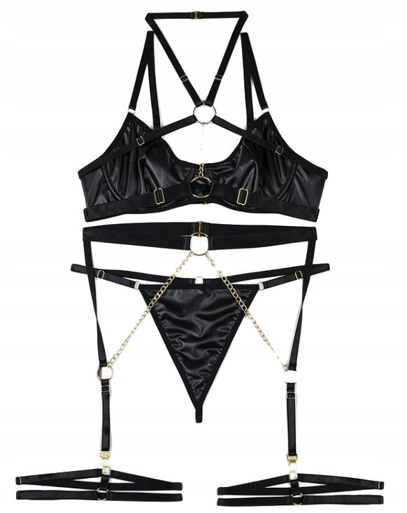Sexy Women's Underwear Set: Bra, Belts, Chains, Thongs, Pink M