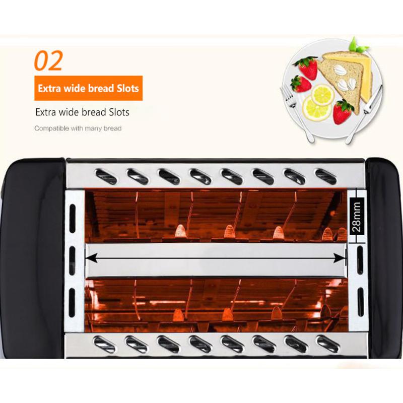 Бытовой тостер на 2 ломтика с очень широкими прорезями 28 мм, 6 уровней настройки, нержавеющая сталь, автоматический