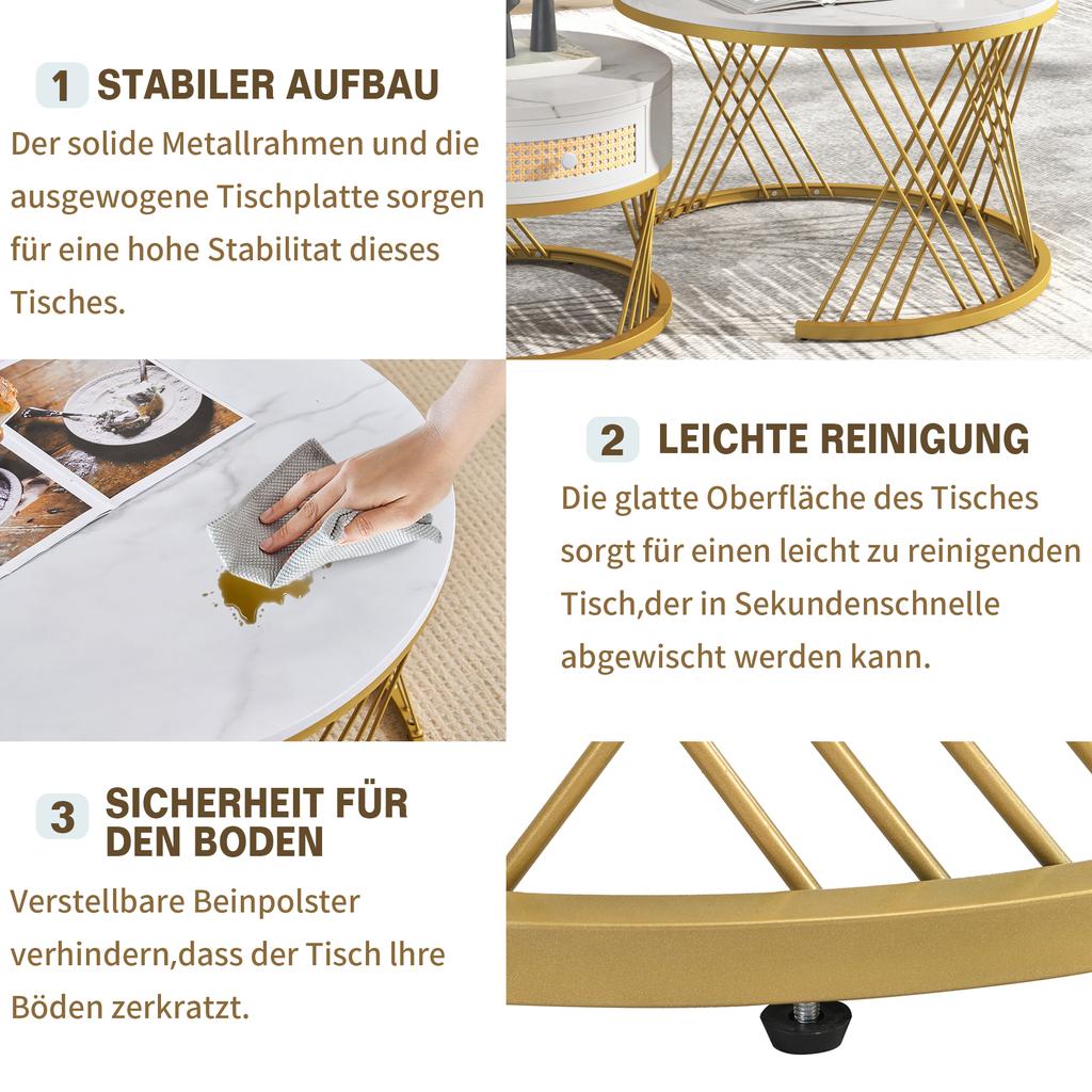 2 in 1 Round Coffee Table of MDF, Side Table with Marble Tabletop and Drawers made of Plastic Rattan, Handles made of Solid Wood. Golden Iron Feet.