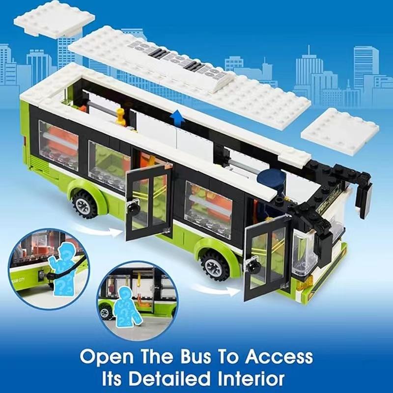 Городской автомобильный зеленый, синий пассажирский автобусный вокзал, одноэтажный общественный набор, фигурки, модельные строительные блоки, игрушки для мальчиков, подарки