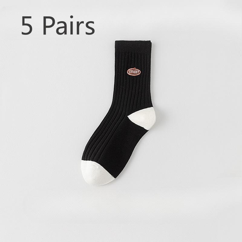 5 Pairs of Female Spring and Autumn Black and White Striped Cotton Anti Beriberi Deodorant Tube Socks