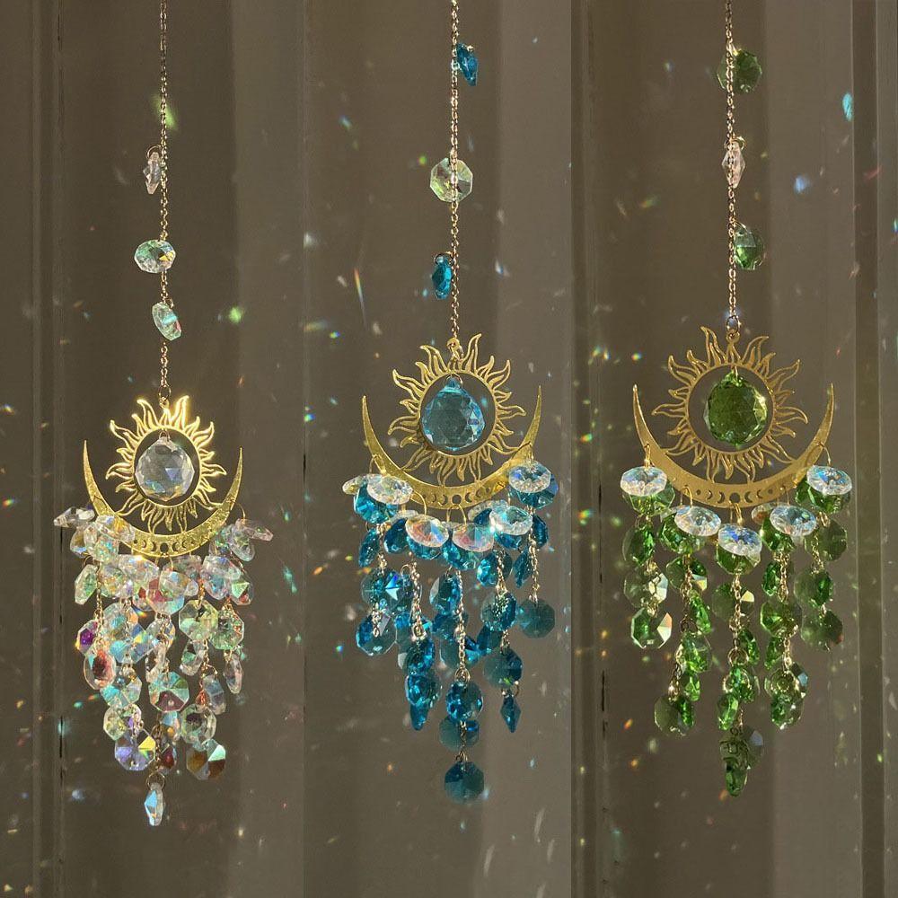 Gold Star Moon Lighting Crystal Wind Chime Wedding Party Crystal Pendant  Home Garden