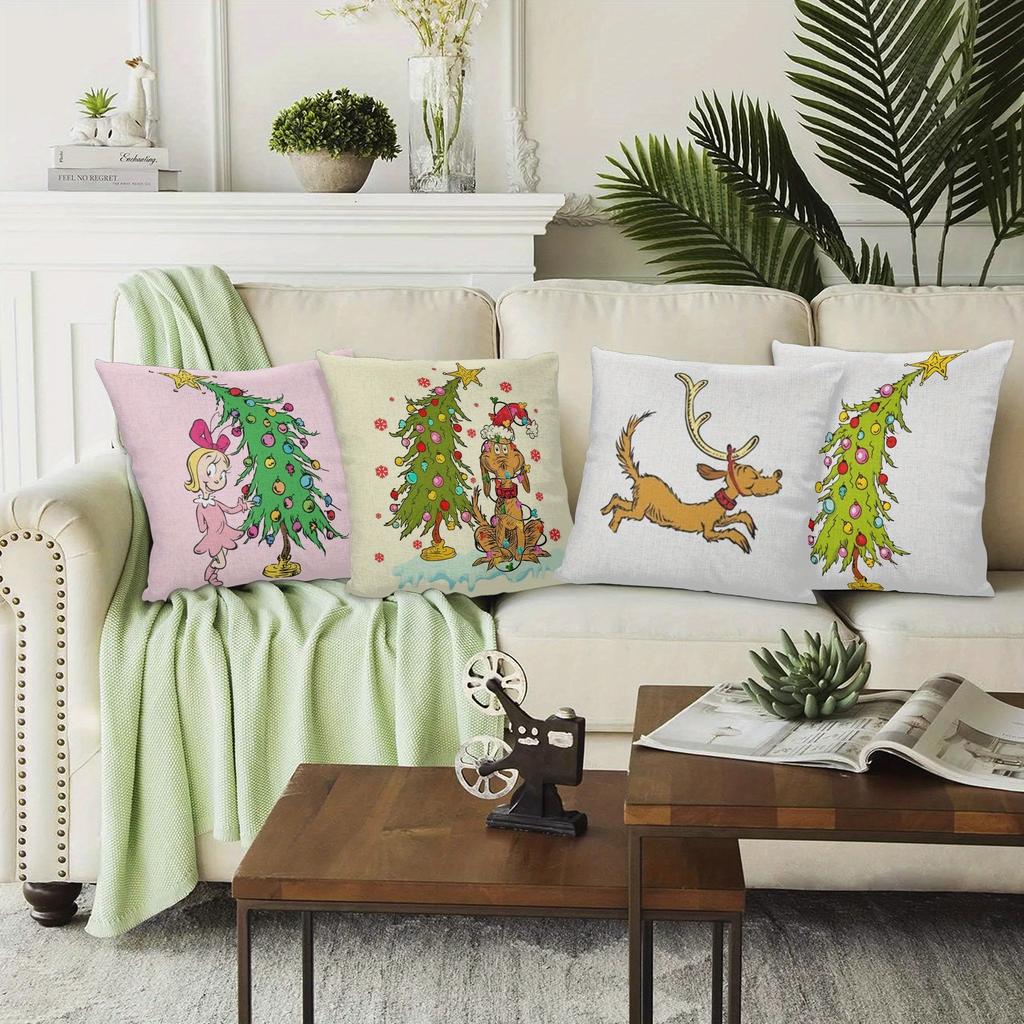 Праздничное веселье Ктовилля: Рождественские наволочки с Гринчем, елкой и друзьями, на диваны, наволочки для спальни, праздничные подарки