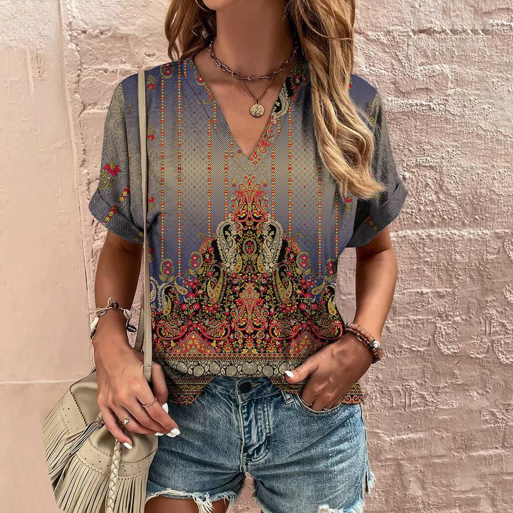 Новая женская футболка, летняя одежда с v-образным вырезом, этнический топ с короткими рукавами, повседневная уличная футболка в стиле Харадзюку для женщин, пуловер в стиле хип-хоп