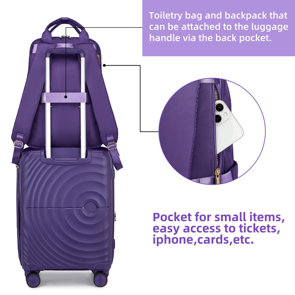 Elegant Purple Travel Set with 20" Carry On, Backpack, Bag & Umbrella, Lightweight Hard Shell Luggage with 360° Spinner Wheels