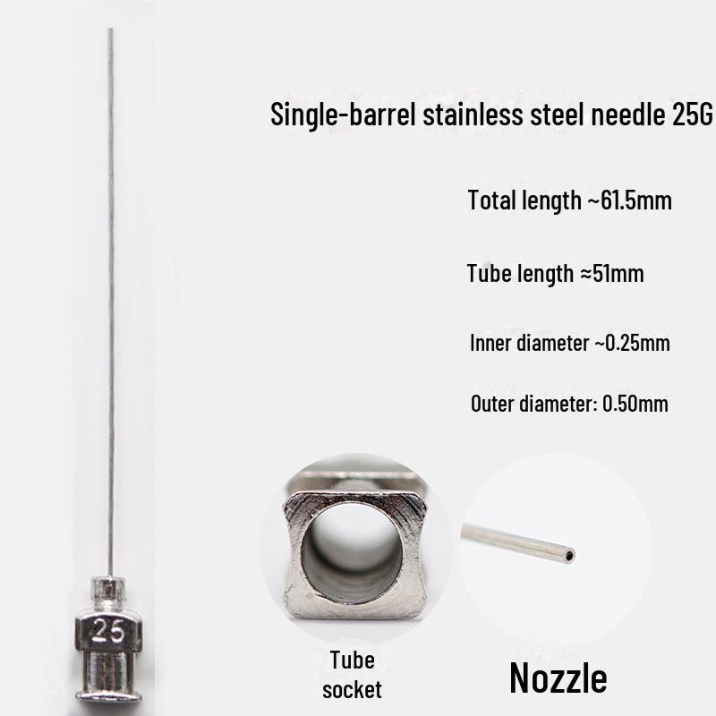 Дозирующая игла из нержавеющей стали с плоским кончиком, общая длина 61,5 мм, длина трубки 50 мм.