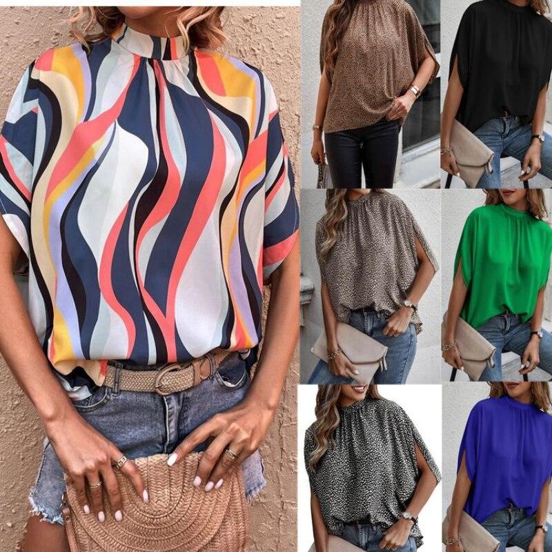 Summer Lace-Up Leopard Print Batwing Short Sleeve Blouse Elegant Loose Casual Stand Collar Shirt Fashion Chic Tops Women 25320