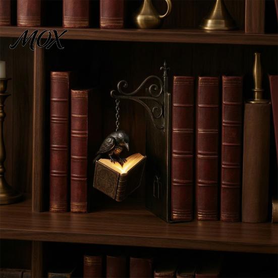 Halloween Theme Book Organizer Gothic Metal Bookends with Hanging Light, Cat Raven Ghost Decorative Black Home Decor Bookshelf Lamp, Vintage
