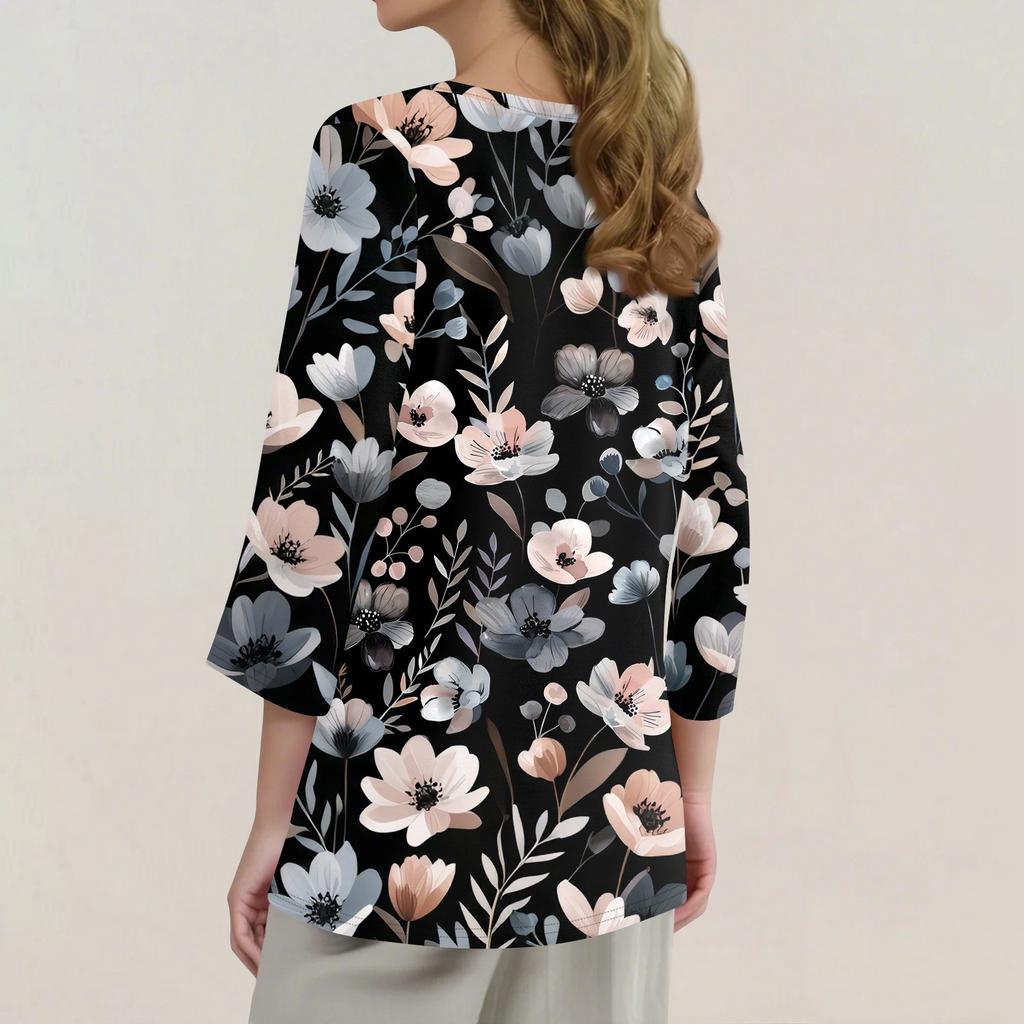 Women's T Shirt Print Button 3/4 Sleeve Daily Weekend Fashion Basic V- Neck Regular Top