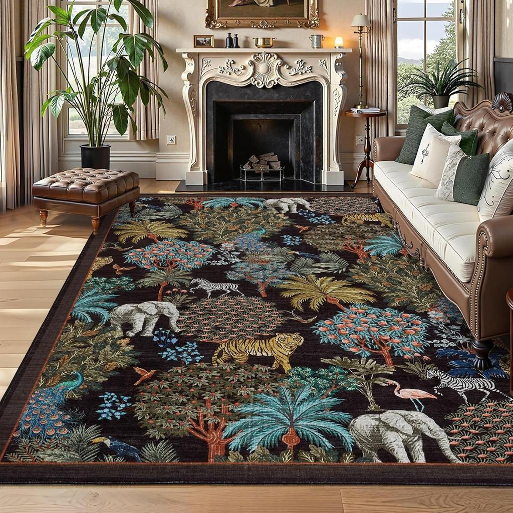 Green Living Room Carpets Nordic Style Jungle Animal Plant Print Bedroom Rug Vintage Machine Washable Non-Slip Coffee Table Mats